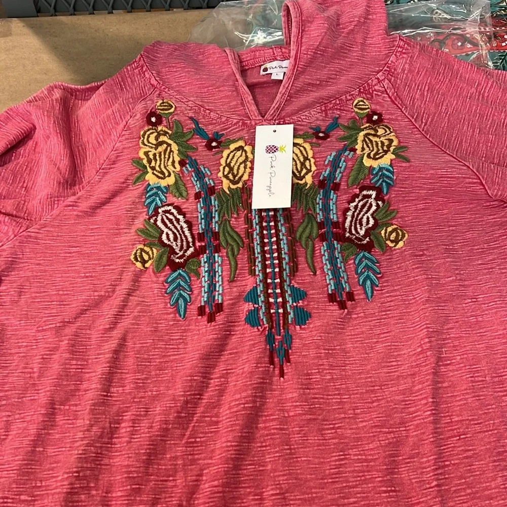 Pink Pineapple southwestern Floral Bohemian hooded pullover w/ front pocket SZ L - Picture 3 of 6